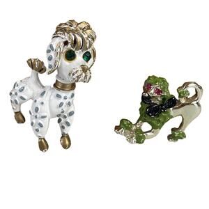 Vintage French Poodle Brooches – Green Gold Rhinestone & White Costume Jewelry